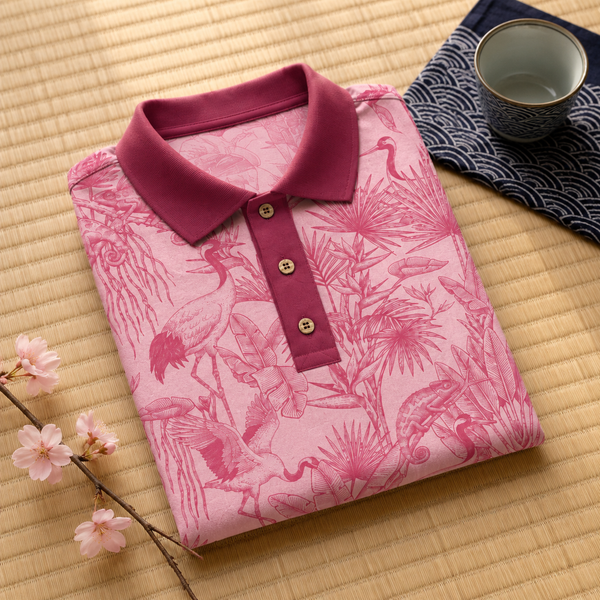 Chrisraw Tsuru Pink Polo Shirt — Japanese Crane Pink Toile Print