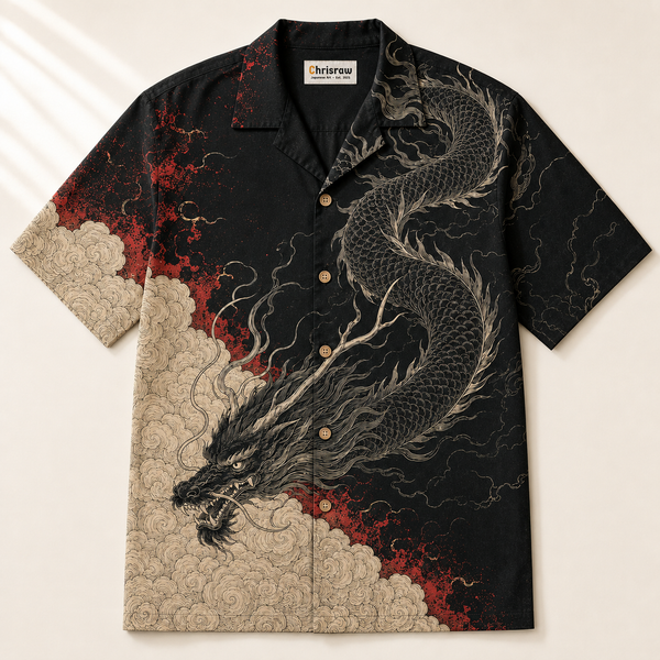Chrisraw Kokuryu Aloha Shirt — Black Dragon Ink Engraving Print