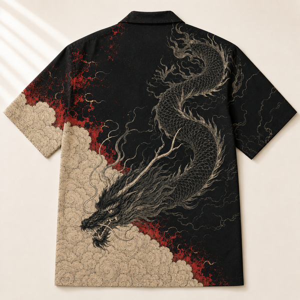 Chrisraw Kokuryu Aloha Shirt — Black Dragon Ink Engraving Print