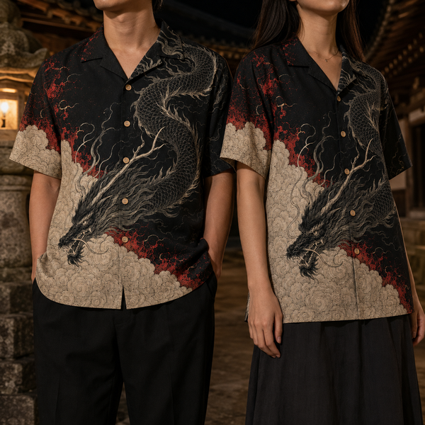 Chrisraw Kokuryu Aloha Shirt — Black Dragon Ink Engraving Print