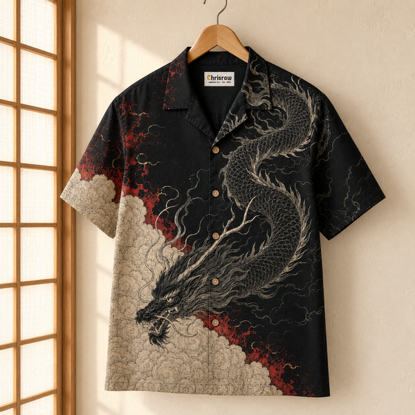 Chrisraw Kokuryu Aloha Shirt — Black Dragon Ink Engraving Print