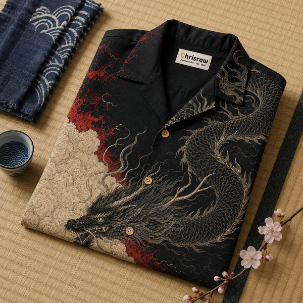 Chrisraw Kokuryu Aloha Shirt — Black Dragon Ink Engraving Print