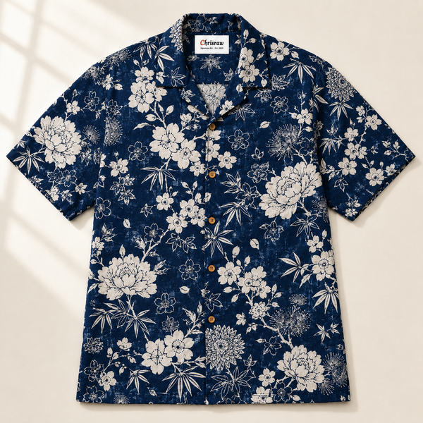 Chrisraw Hanazono Aloha Shirt — Japanese Floral White-on-Indigo Print