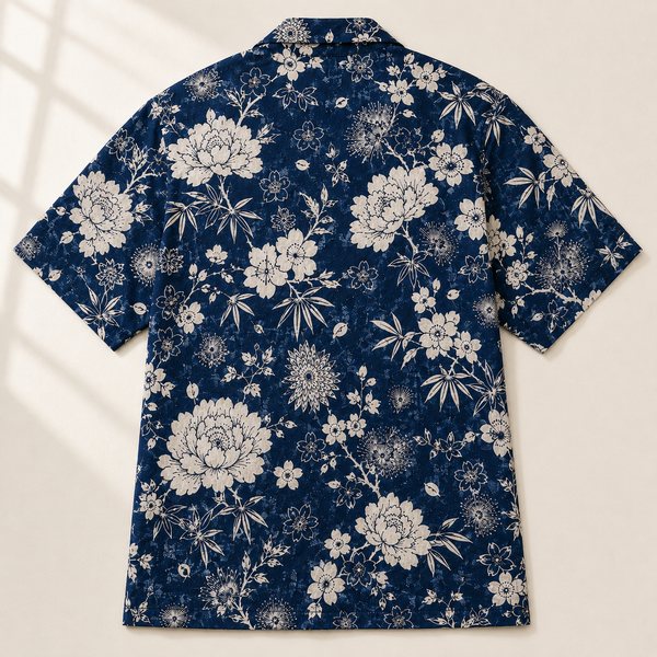 Chrisraw Hanazono Aloha Shirt — Japanese Floral White-on-Indigo Print