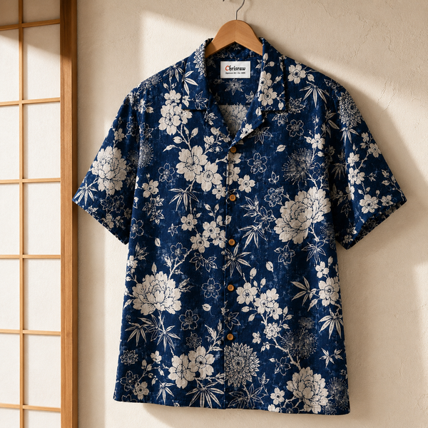 Chrisraw Hanazono Aloha Shirt — Japanese Floral White-on-Indigo Print