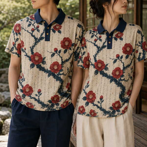 Chrisraw Tsubaki Polo Shirt — Red Camellia & Ink Calligraphy Print