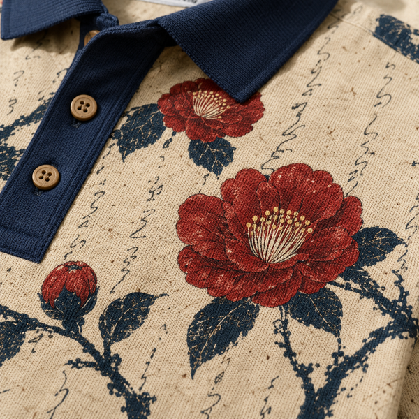 Chrisraw Tsubaki Polo Shirt — Red Camellia & Ink Calligraphy Print