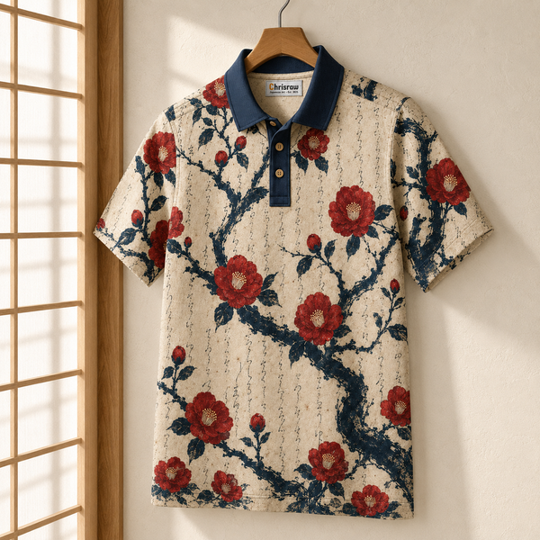 Chrisraw Tsubaki Polo Shirt — Red Camellia & Ink Calligraphy Print