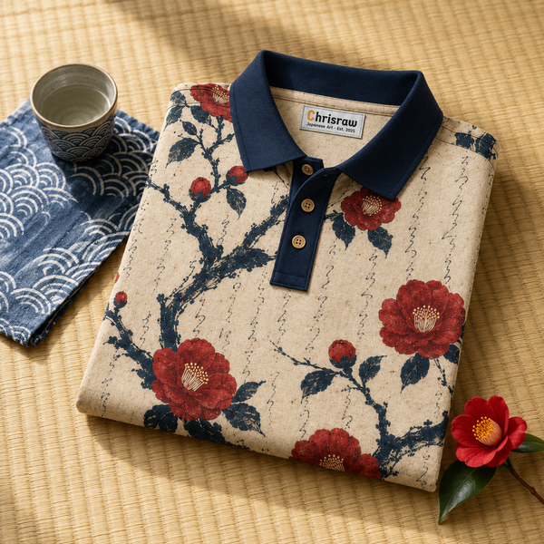 Chrisraw Tsubaki Polo Shirt — Red Camellia & Ink Calligraphy Print