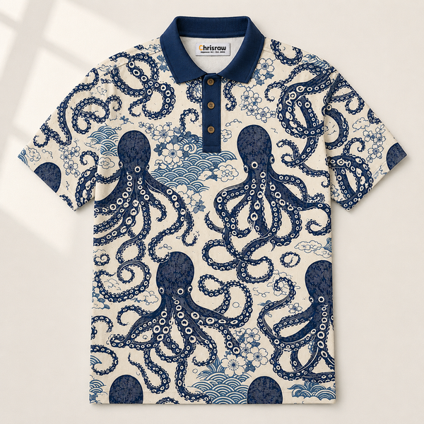 Chrisraw Tako Bold Polo Shirt — Large Ukiyo-e Octopus Print