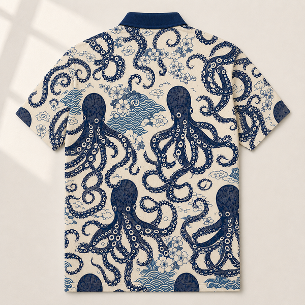 Chrisraw Tako Bold Polo Shirt — Large Ukiyo-e Octopus Print
