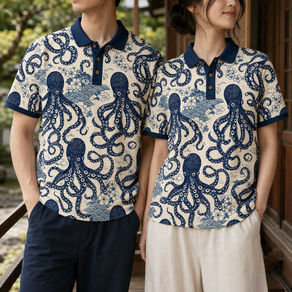 Chrisraw Tako Bold Polo Shirt — Large Ukiyo-e Octopus Print
