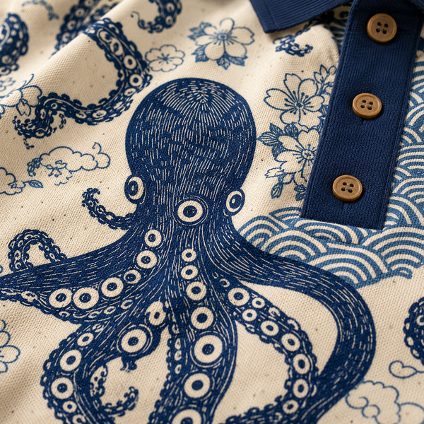 Chrisraw Tako Bold Polo Shirt — Large Ukiyo-e Octopus Print