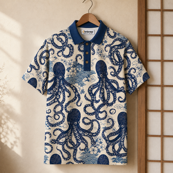 Chrisraw Tako Bold Polo Shirt — Large Ukiyo-e Octopus Print