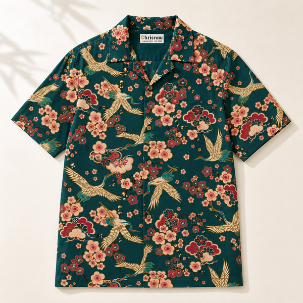 Chrisraw Tsuru to Ume Aloha Shirt — Japanese Crane and Plum Blossom Print