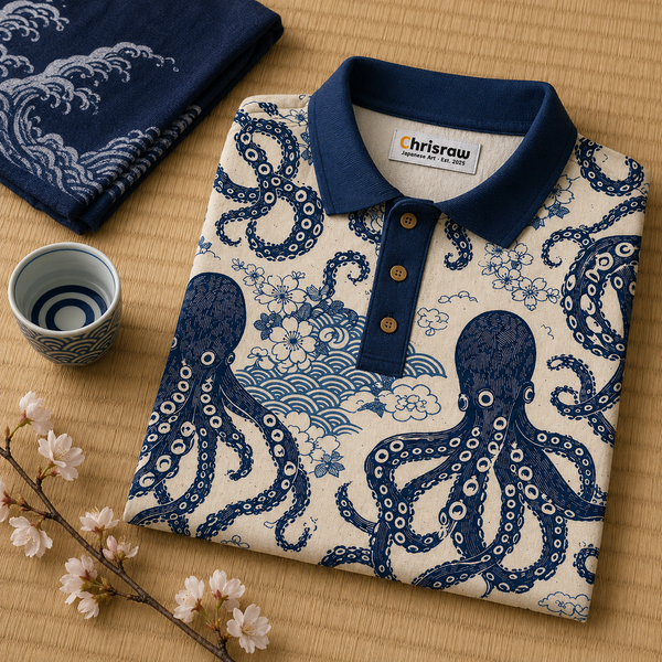 Chrisraw Tako Bold Polo Shirt — Large Ukiyo-e Octopus Print