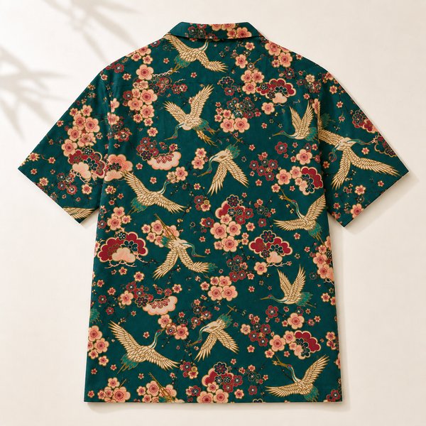 Chrisraw Tsuru to Ume Aloha Shirt — Japanese Crane and Plum Blossom Print