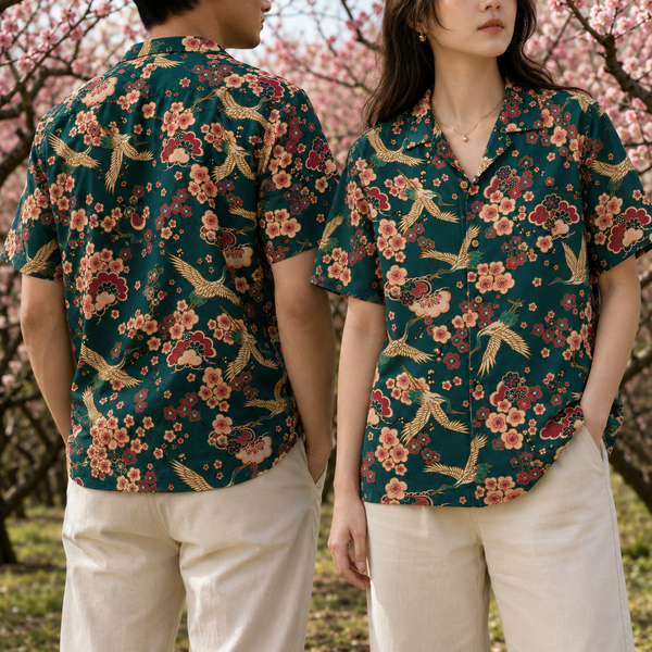 Chrisraw Tsuru to Ume Aloha Shirt — Japanese Crane and Plum Blossom Print