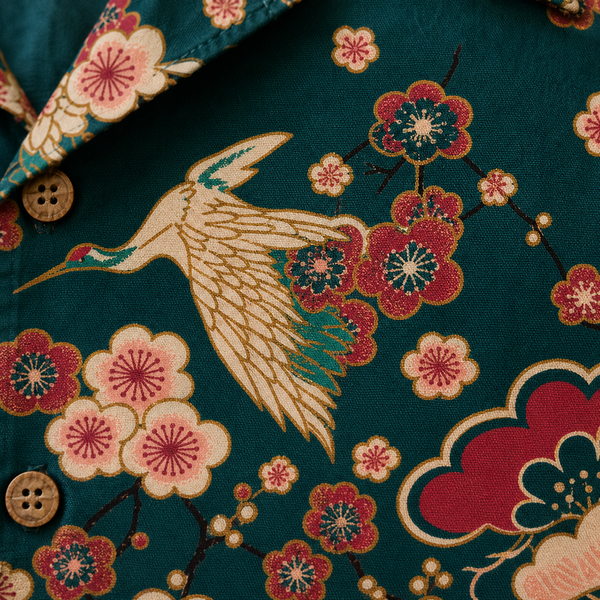 Chrisraw Tsuru to Ume Aloha Shirt — Japanese Crane and Plum Blossom Print
