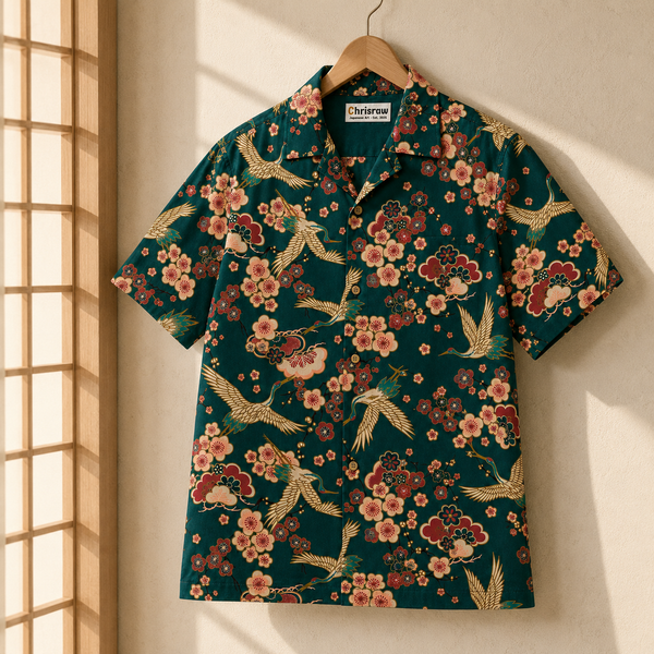 Chrisraw Tsuru to Ume Aloha Shirt — Japanese Crane and Plum Blossom Print