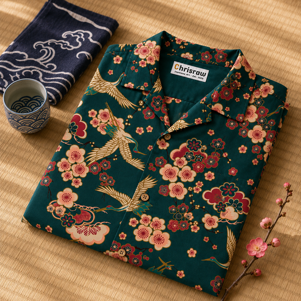 Chrisraw Tsuru to Ume Aloha Shirt — Japanese Crane and Plum Blossom Print