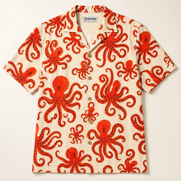 Chrisraw Beni Tako Aloha Shirt — Red Octopus Gouache Print