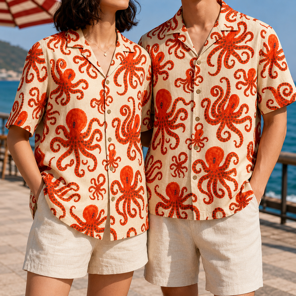 Chrisraw Beni Tako Aloha Shirt — Red Octopus Gouache Print