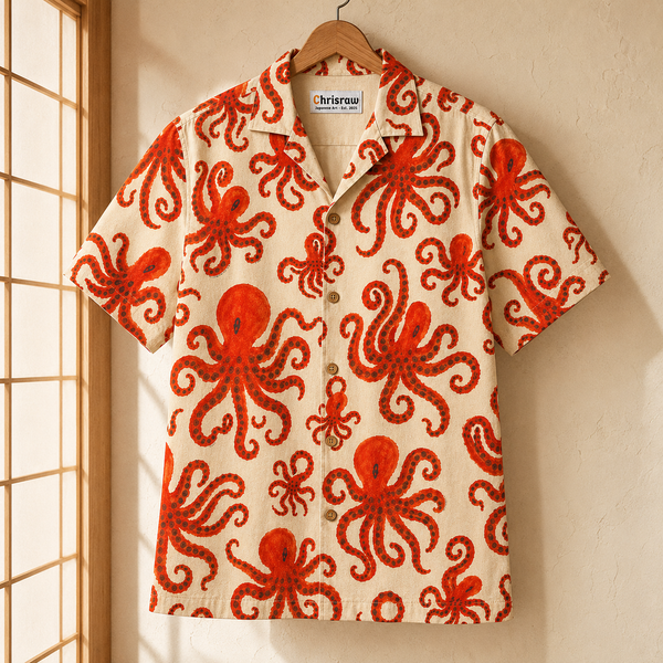 Chrisraw Beni Tako Aloha Shirt — Red Octopus Gouache Print