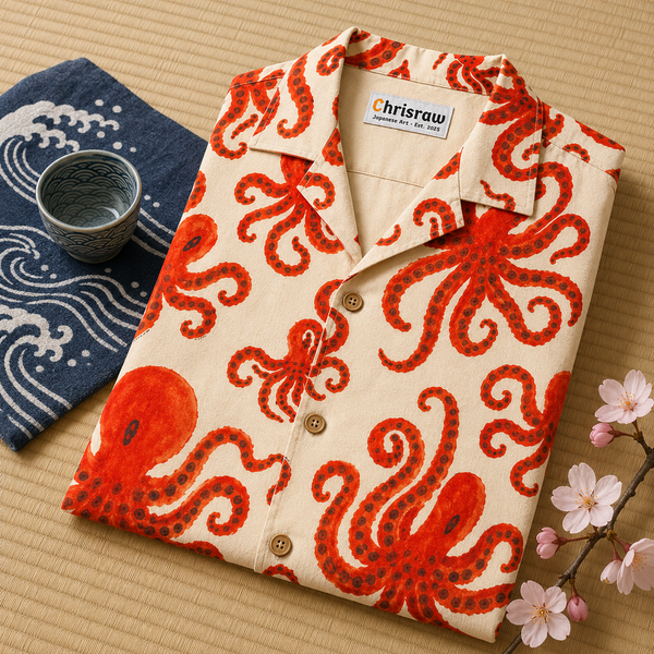 Chrisraw Beni Tako Aloha Shirt — Red Octopus Gouache Print