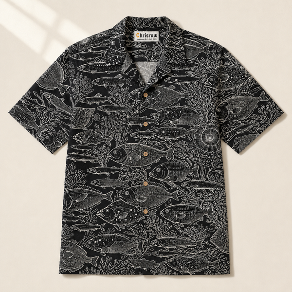 Chrisraw Gyogun Aloha Shirt — Japanese Fish School Engraving Print