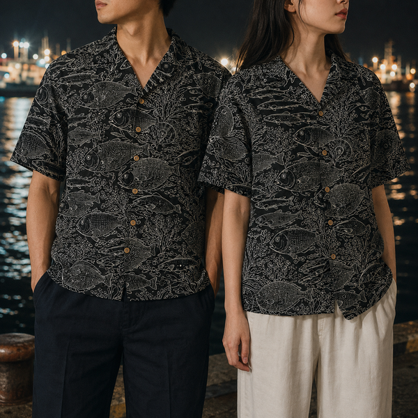 Chrisraw Gyogun Aloha Shirt — Japanese Fish School Engraving Print