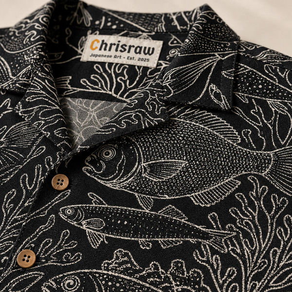 Chrisraw Gyogun Aloha Shirt — Japanese Fish School Engraving Print
