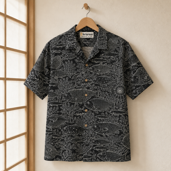 Chrisraw Gyogun Aloha Shirt — Japanese Fish School Engraving Print