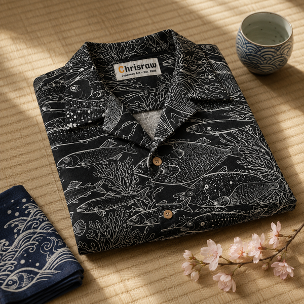 Chrisraw Gyogun Aloha Shirt — Japanese Fish School Engraving Print
