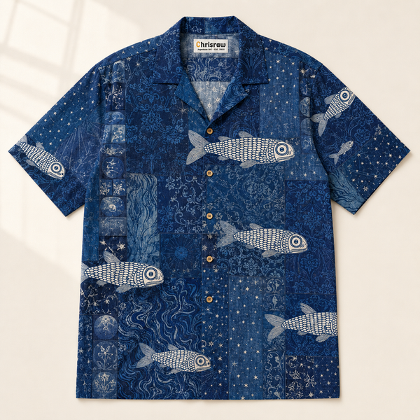 Chrisraw Boro Umi Aloha Shirt — Indigo Patchwork Fish Print