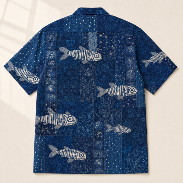 Chrisraw Boro Umi Aloha Shirt — Indigo Patchwork Fish Print