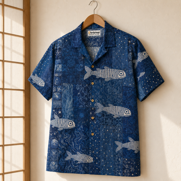 Chrisraw Boro Umi Aloha Shirt — Indigo Patchwork Fish Print
