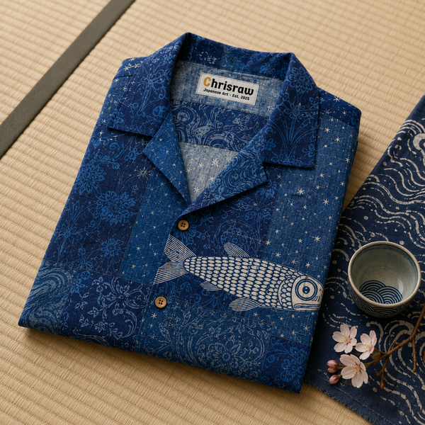 Chrisraw Boro Umi Aloha Shirt — Indigo Patchwork Fish Print