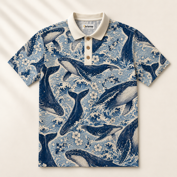Chrisraw Kujira Polo Shirt — Japanese Whale & Koi Woodblock Print