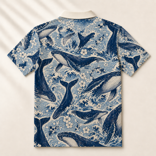 Chrisraw Kujira Polo Shirt — Japanese Whale & Koi Woodblock Print