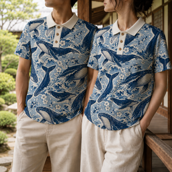 Chrisraw Kujira Polo Shirt — Japanese Whale & Koi Woodblock Print