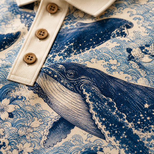 Chrisraw Kujira Polo Shirt — Japanese Whale & Koi Woodblock Print