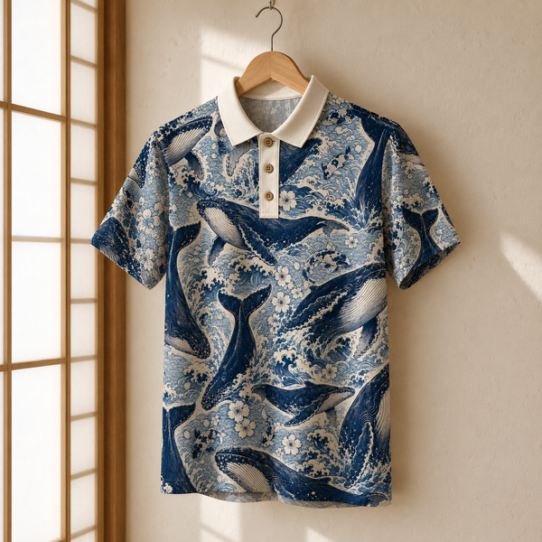 Chrisraw Kujira Polo Shirt — Japanese Whale & Koi Woodblock Print