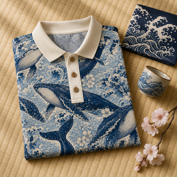 Chrisraw Kujira Polo Shirt — Japanese Whale & Koi Woodblock Print