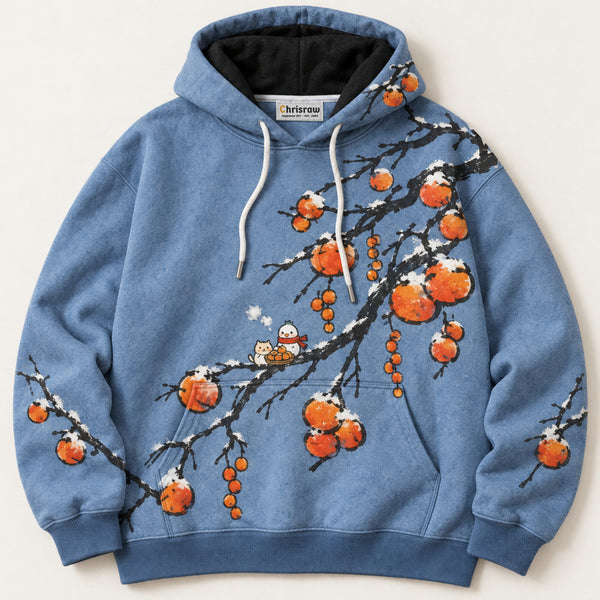 Chrisraw Fuyugaki Hoodie — Snow Persimmon Branch Bird and Cat Print