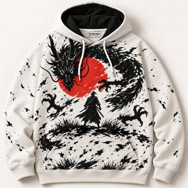 Chrisraw Hinomaru Hoodie — Ink Dragon Red Sun Samurai Print