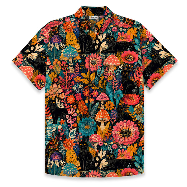 Chrisraw Men's Japanese Yayoi Kusama Forest Cat Ukiyo-e Short Sleeves Shirt