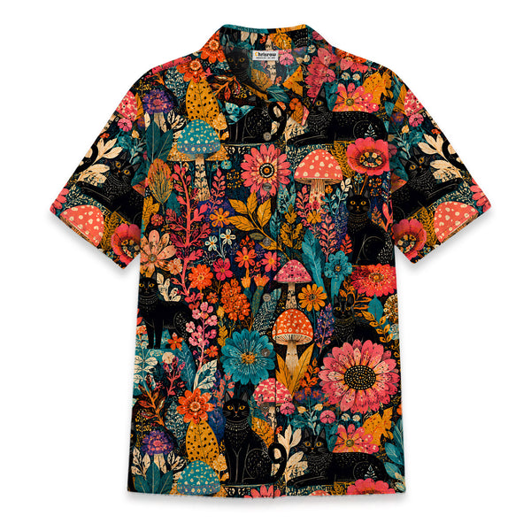 Chrisraw Women's Japanese Yayoi Kusama Forest Cat Ukiyo-e Short Sleeves Shirt