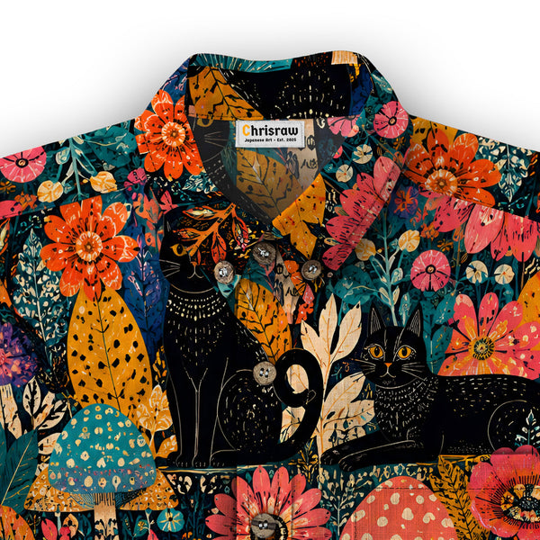 Chrisraw Men's Japanese Yayoi Kusama Forest Cat Ukiyo-e Short Sleeves Shirt