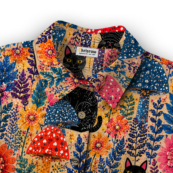 Chrisraw Women's Japanese Yayoi Kusama Forest Cat Ukiyo-e Short Sleeves Shirt